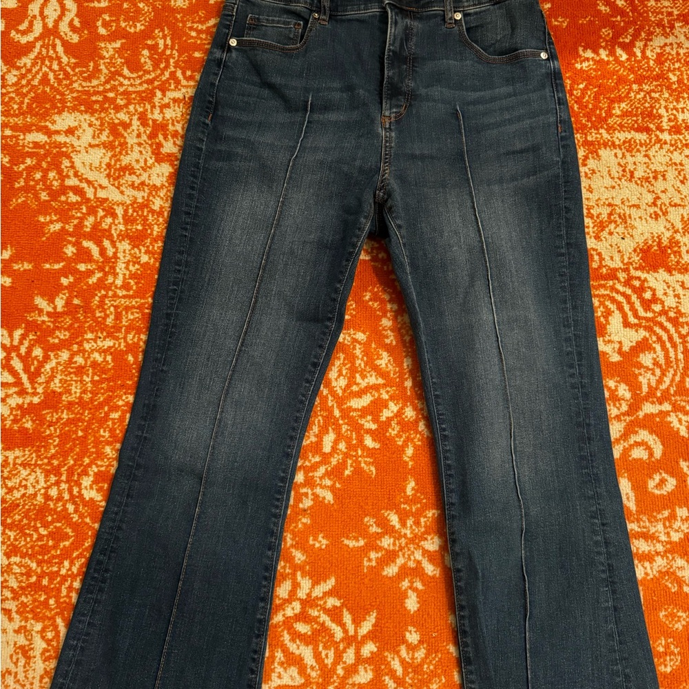 Pintucked Ann Taylor Loft High Rise Kick Crop Jeans in Bright Mid Indigo Wash